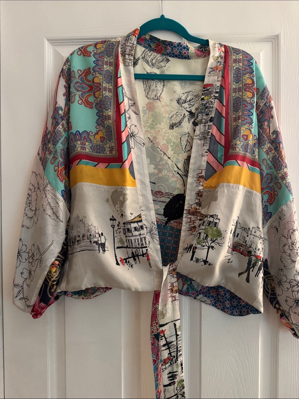 Sundance Silk Turquoise, Yellow & Cream Floral Tie-Front Kimono. Reversible- S